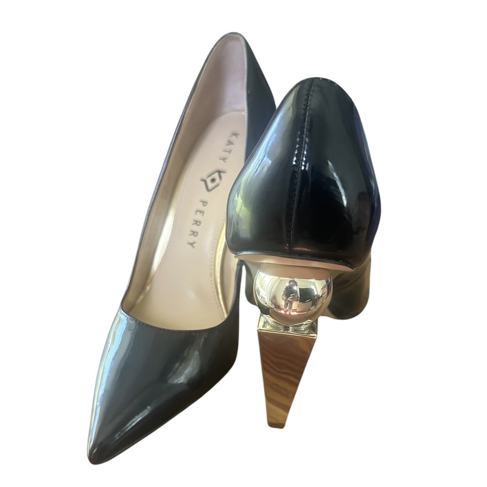 Katy Perry The Memphis Heels Black Patent Leather Gold Geometric Pump Size 8.5 - Picture 5 of 5